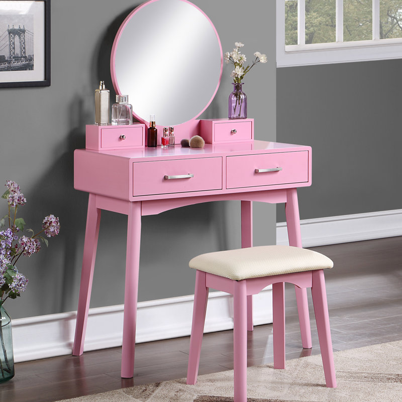 Ensemble coiffeuse et tabouret contemporain en bois, Rose