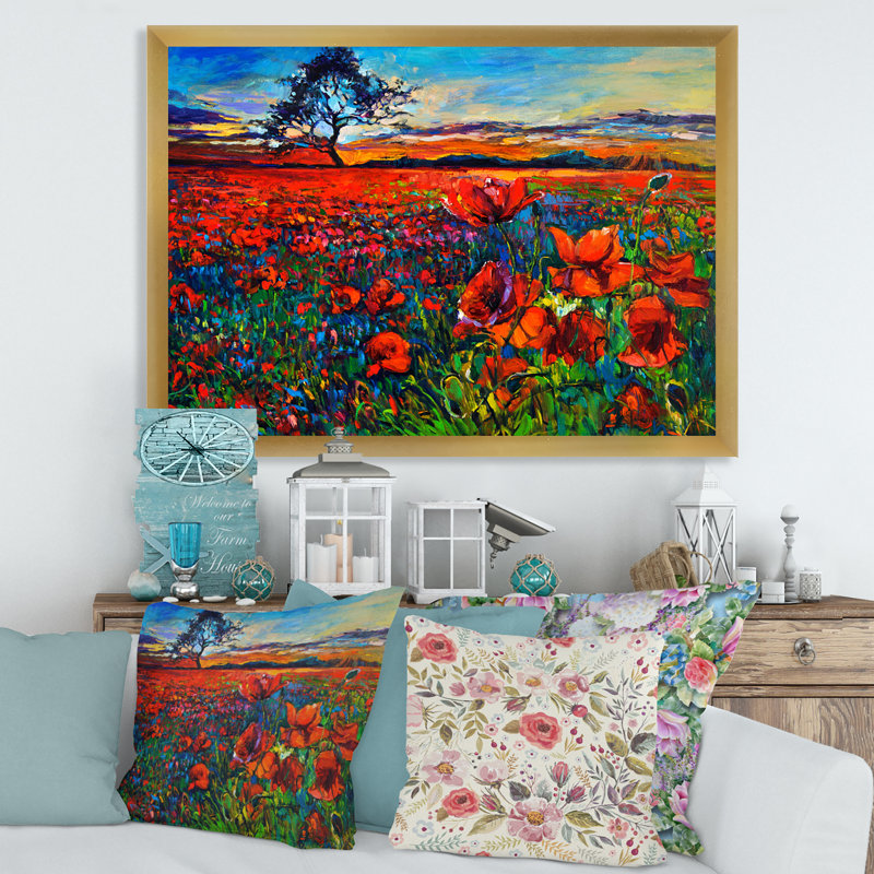 Blossoming Poppy Fields with Distant Tree - peinture sur toile, Cadre doré, H 30 po x l 40 po x 1,5 po
