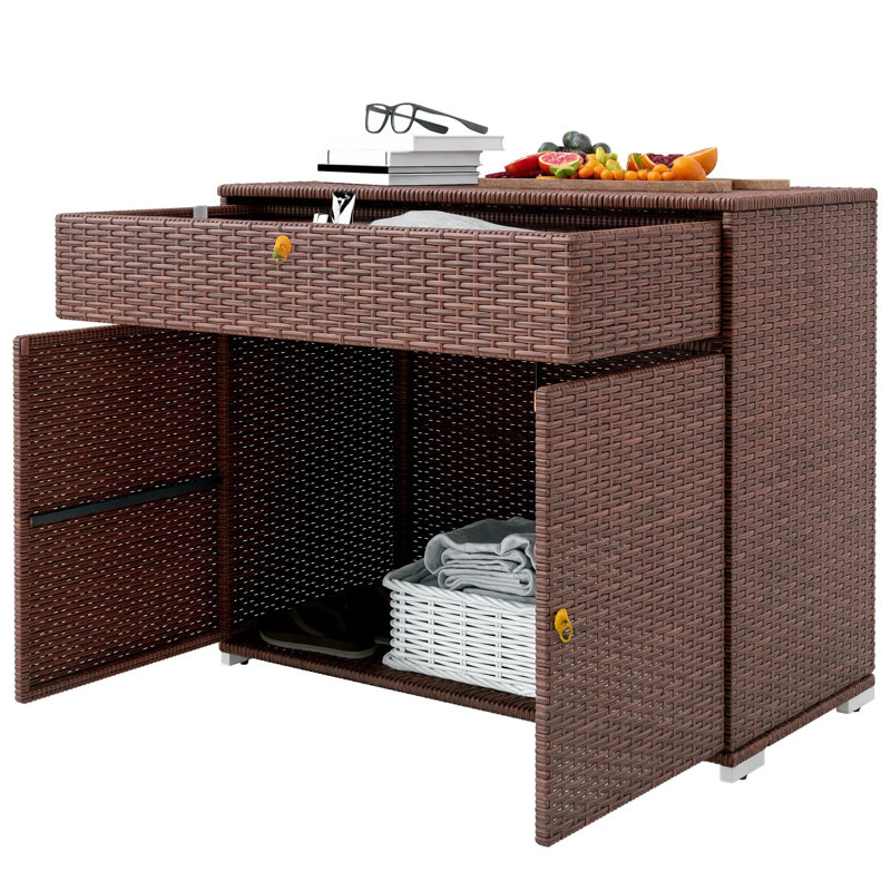 Outdoor Storage Cabinet, Waterproof Pe Rattan Cabinet With Drawer, Pool Towel Storage & Accessory Organizer For Indoor, Swimming Pool, Patio, Mixed Brown