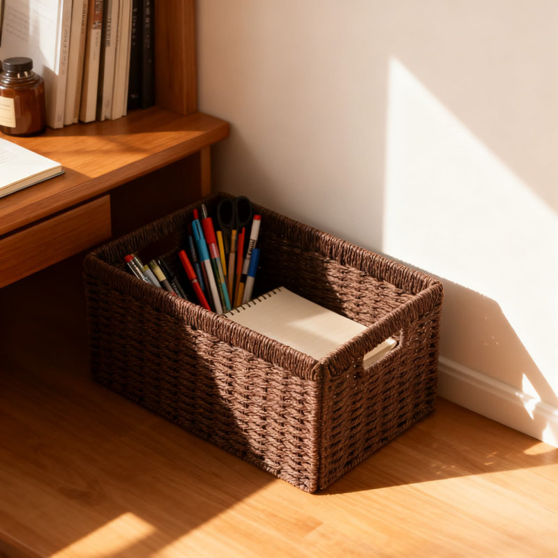 Foldable Storage Baskets 2-Pack, Woven Paper Rope Organizer Bins With Handles For Shelves, Sturdy Rectangular Design For Home Organization