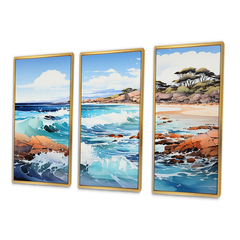 «Blue Beach Waves Fusion IV», ensemble d'art mural plage, Cadre flottant doré, H 32 po x l 48 po x P 1 po