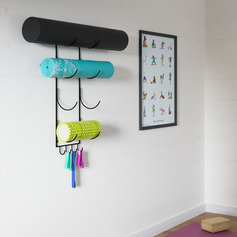 Black Metal Wall Mounted Yoga Mat and Foam Roller Organizer