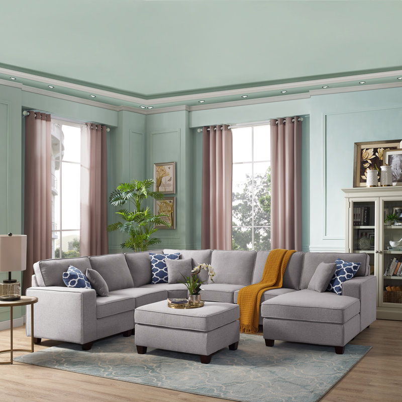 Wyrick Upholstered U-Shaped Sectional, Light Grey Linen Blend