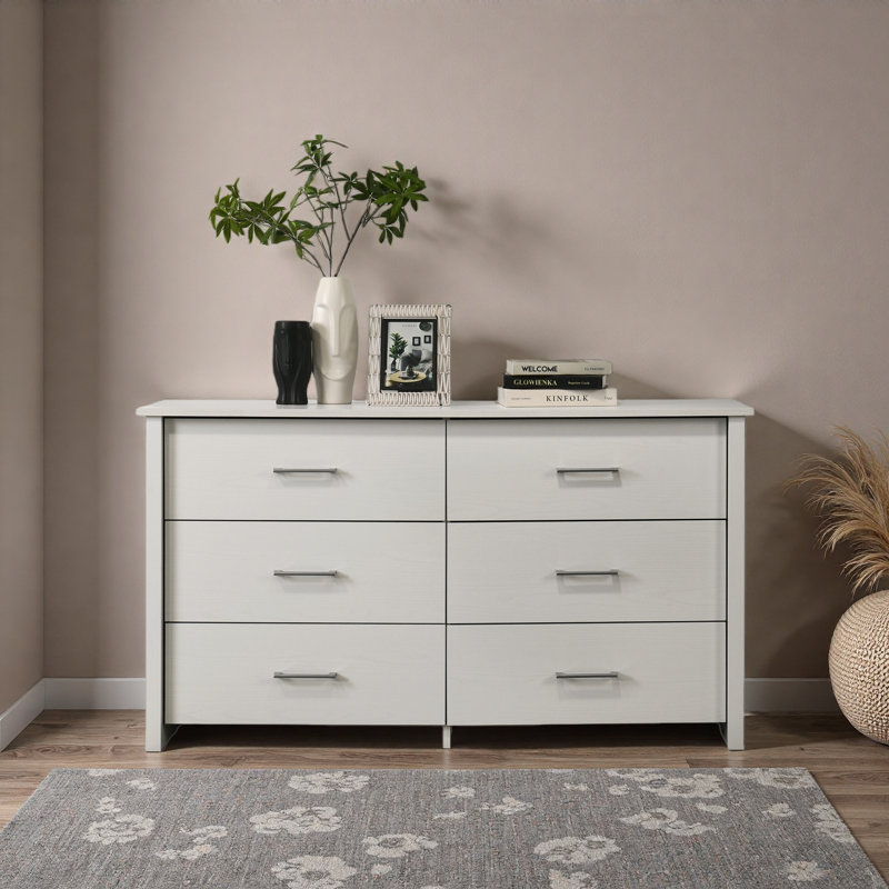 Commode 6 tiroirs 57 po avec poignées, Blanc