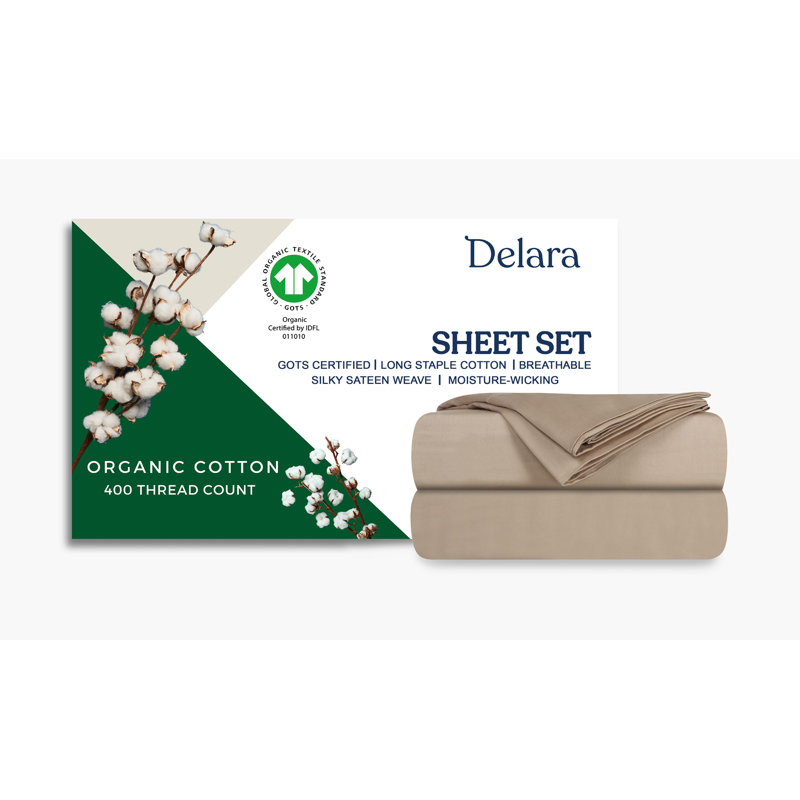 Delara GOTS Certified 100% Organic Cotton Sateen Sheet Set, 400TC Long Staple, Soft & Breathable with Deep Pocket, Natural