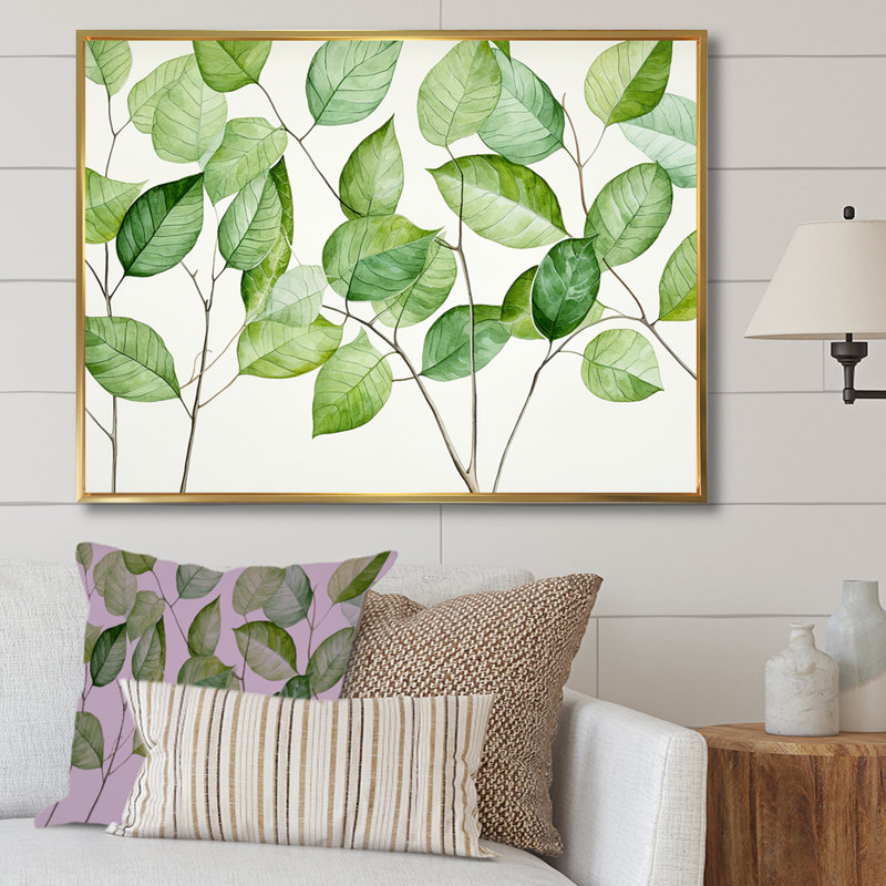 «Green Leaves Scenery Minimalisme III», reproduction sur toile, Cadre flottant doré, H 30 po x l 40 po