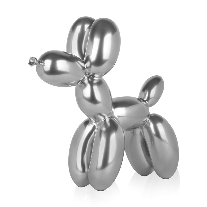 Dog Balloon Large Resin Statue, Silver Gloss, 46cm H x 50cm W x 18cm D