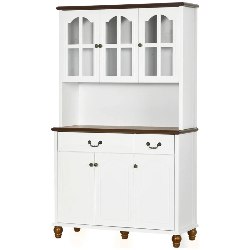 Buffet de cuisine blanc avec 6 portes, 2 tiroirs et 3 tablettes réglables à 3 niveaux
