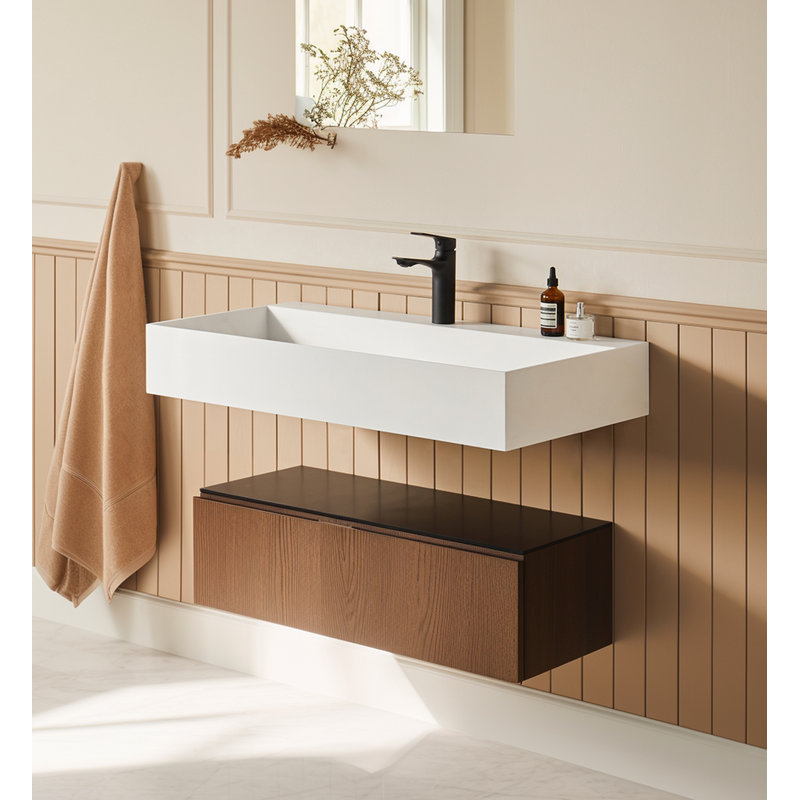 Évier vasque rectangulaire à surface solide avec installation murale 36 po x 18 po blanc mat avec trou pour robinet