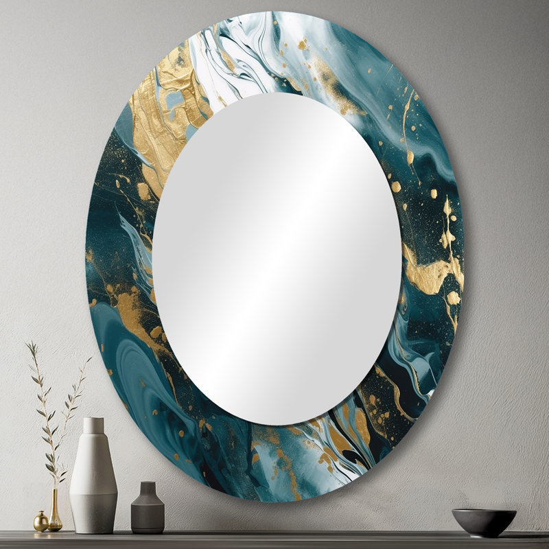 Blue And Gold Serene Cascade - Abstract Blue Round Mirror, 43" x 33", Oval