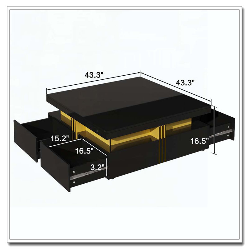 Table basse carrée avec rangement à 4 tiroirs, Noir