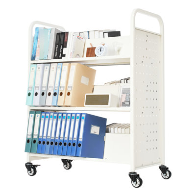 3 chariots à livres roulants avec tablettes en forme de W double face, blanc, idéal pour une utilisation, grande capacité de charge, roues silencieuses et lisses, processus d'installation rapide, grandes bibliothèques et rangement de bureau, solide