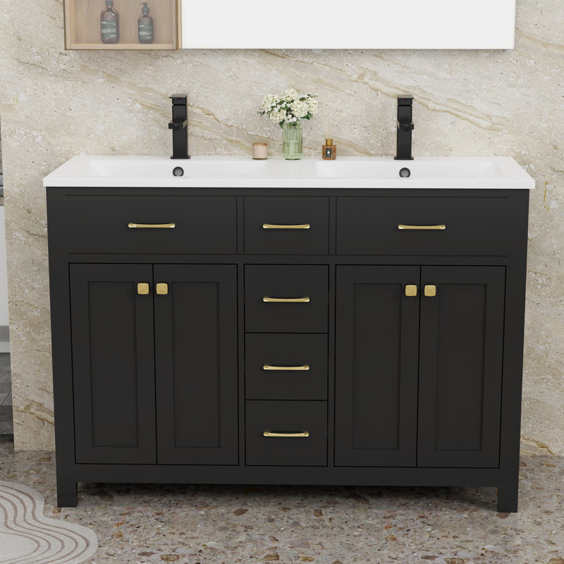 Plateau de meuble-lavabo à double cuve 60 "avec robinet et bonde escamotable 60"