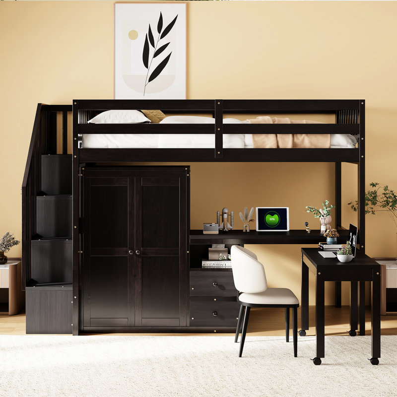 Lit mezzanine simple avec escalier, bibliothèque, tiroirs, bureau et garde-robe. Bois massif. Idéal pour les adolescents. Conception compacte et robuste intégrée.