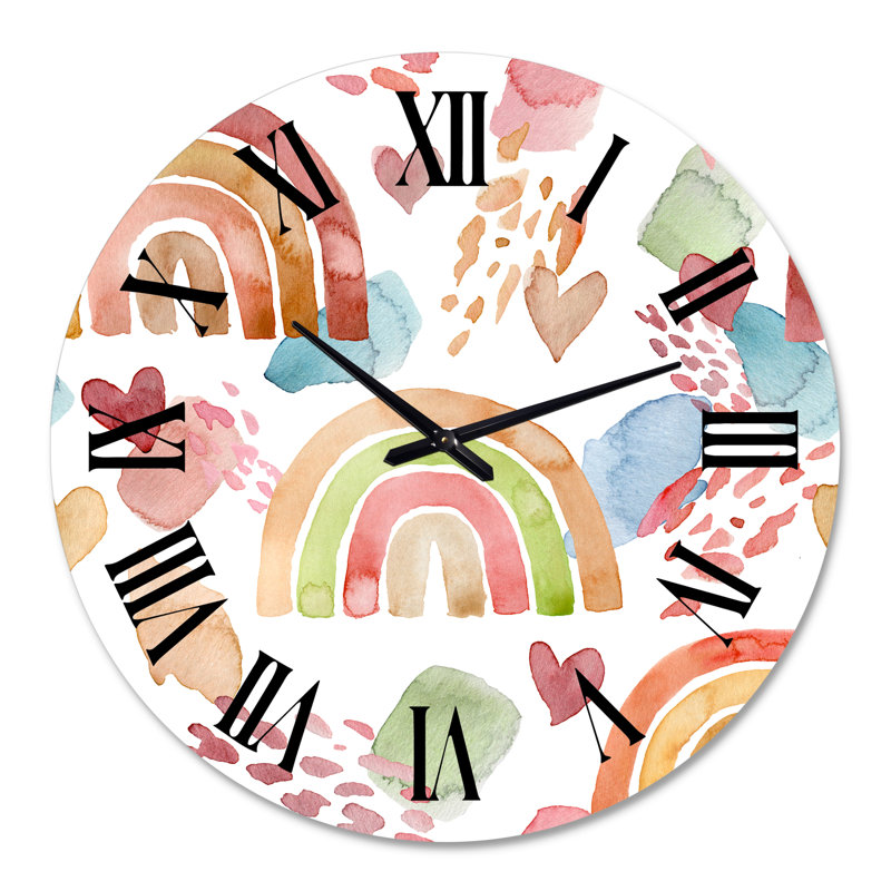 Multicolore arc-en-ciel, nuages et cœurs - horloge murale pour enfants, Grand