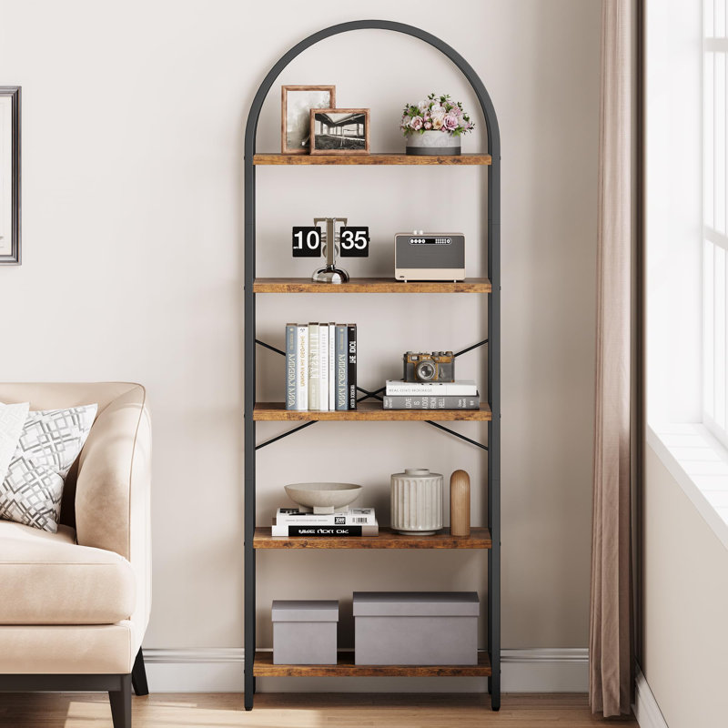 5-Tier Tall Bookshelf with Arched Top, Metal Frame & Wood Finish, Farmhouse Industrial Display Rack, Brown