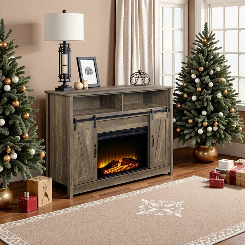 60"W Tobias Woodgrain Fireplace TV Stand With Shelving & 4777 BTU Heater 2-Door Storage & 2 Open Compartments