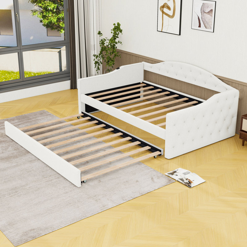 Twin Velvet Upholstered Daybed with Trundle and Tufted, Beige
