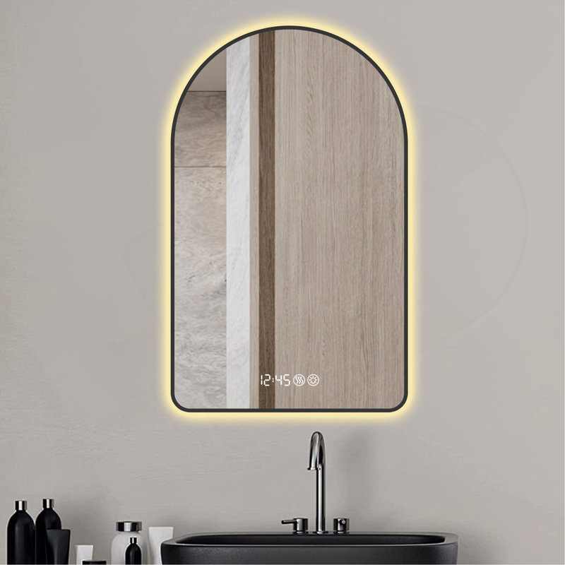 Miroir arqué 28 po x 48 po à DEL pour salle de bain, affichage de l'heure et de la température, rétroéclairage, antibuée, à intensité variable, avec trois températures de couleur - miroir de meuble-lavabo moderne, parfait pour un évier, cadre noir