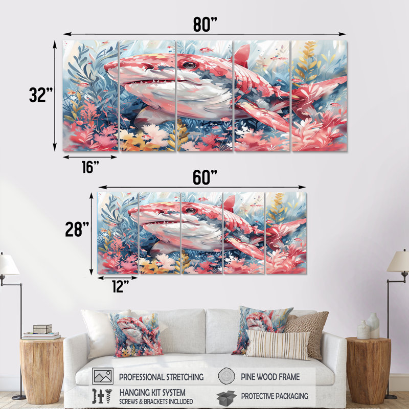 Aquarelle de requin rose et gris, H 28 po x l 60 po