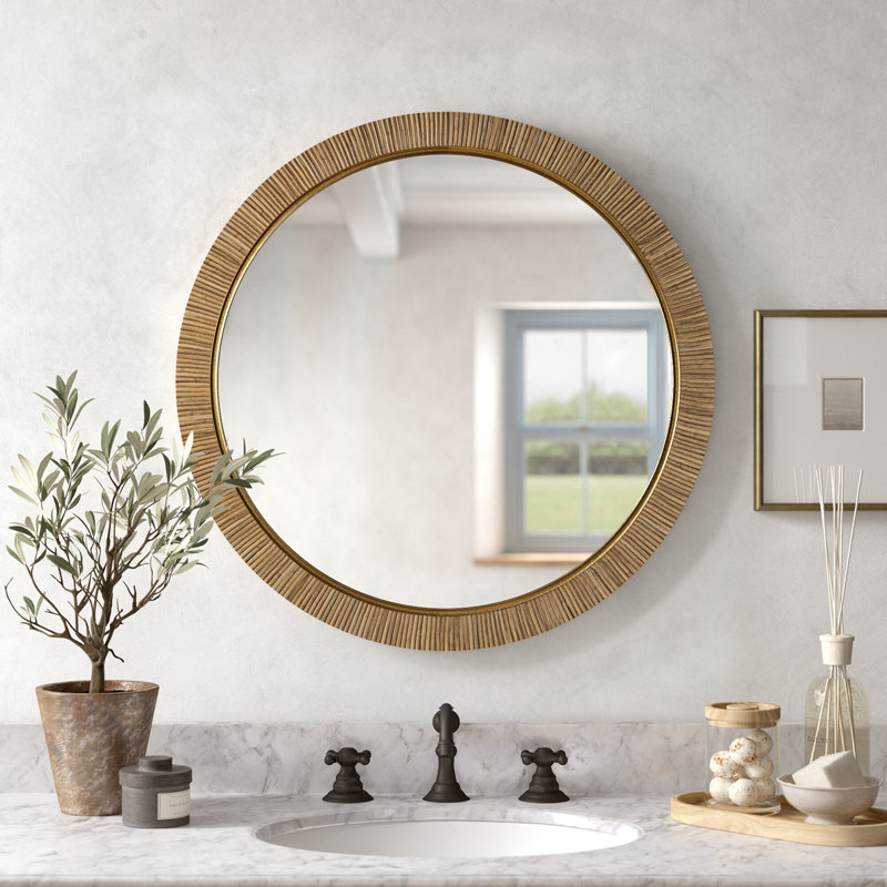 30'' Round Gold and Wood Wall Mirror
