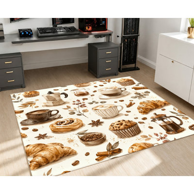 Tapis aquarelle Coffee Break, motif de croissants et de tasses à café brun chaud, tapis de protection antidérapant antitaches, décoration intérieure confortable pour le salon, la chambre à coucher, la cuisine, la salle à manger