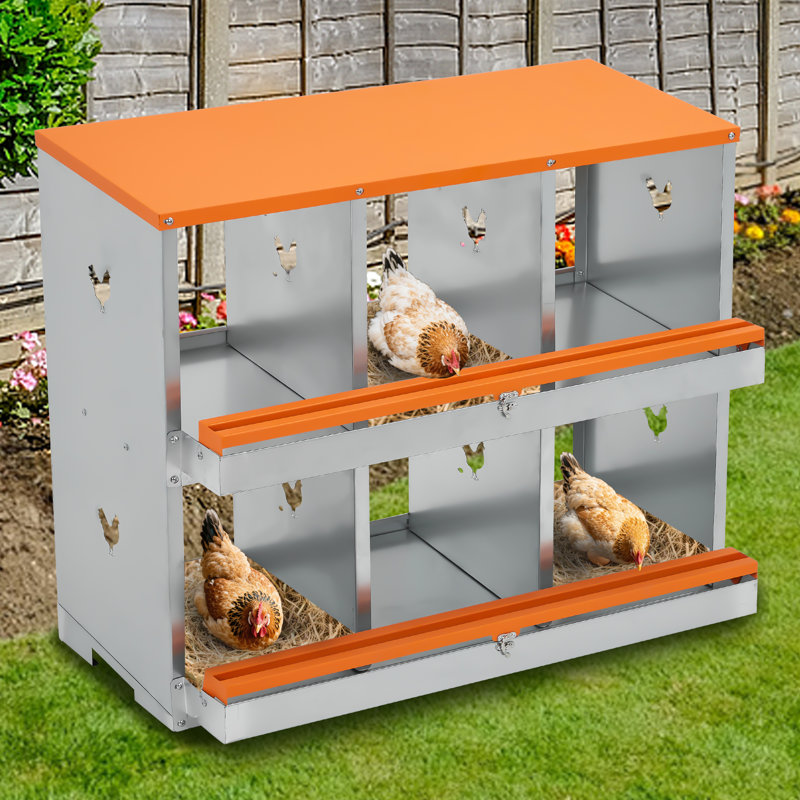 Boîte de nidification en métal robuste à double couche, 6 compartiments ventilés, collection et perchoir à œufs roulants, orange-rouge