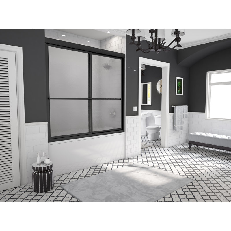 Newport Series Framed - W x 58'' H Sliding Door Framed Tub Door with, Standard Obscure / Aquatex, Matte Black