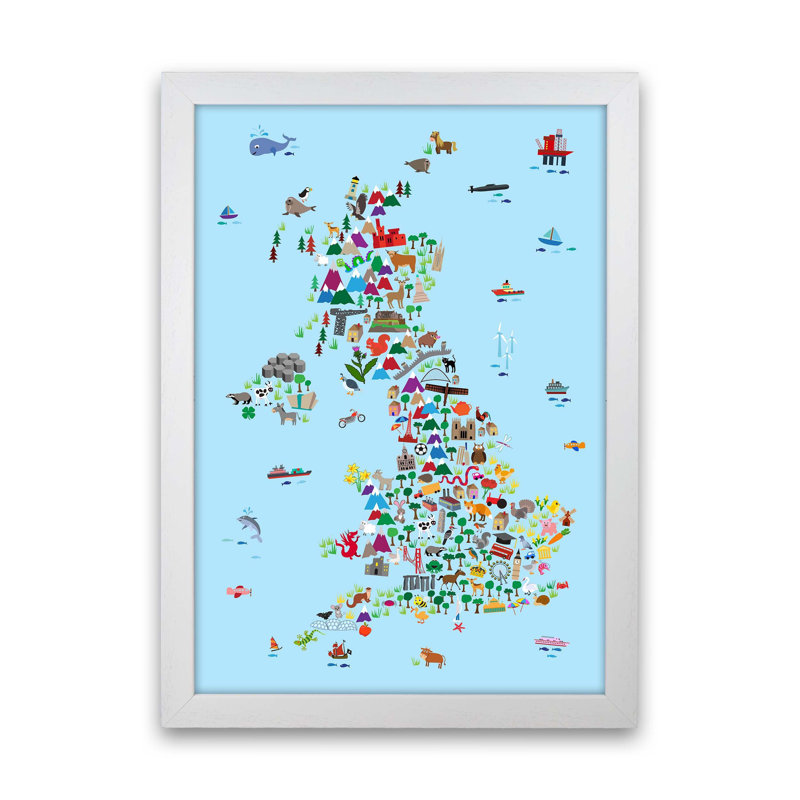 Animal Map of Great Britain by Michael Tompsett - Graphic Art, 34cm H x 25cm W x 3cm D, Blue, White Framed
