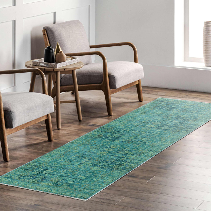 Tapis oriental en chenille de coton d'aspect rétro bleu sarcelle Pender, Rectangle 4 pi x 5 pi 11 po