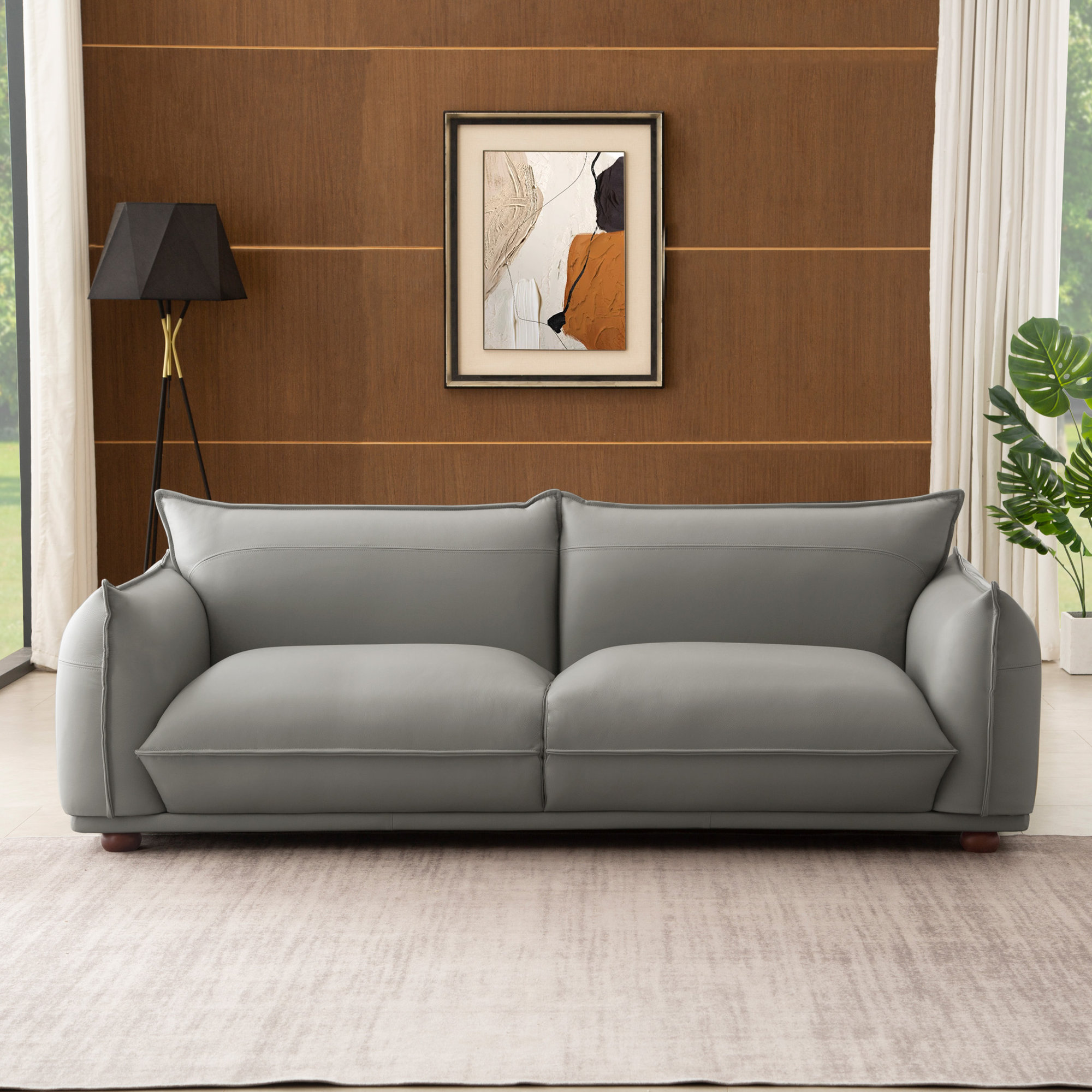 89" Genuine Leather Sofa Modern Living Room Couch, Gray Genuine Leather