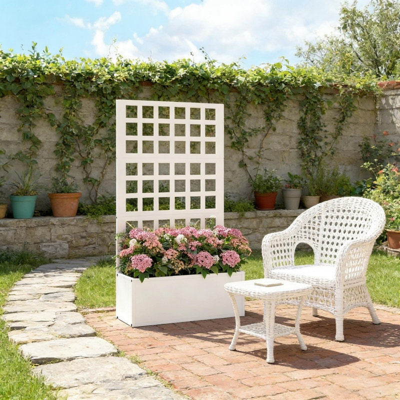 Jardinière en acier galvanisé avec treillis, jardin surélevé avec trous de drainage, White
