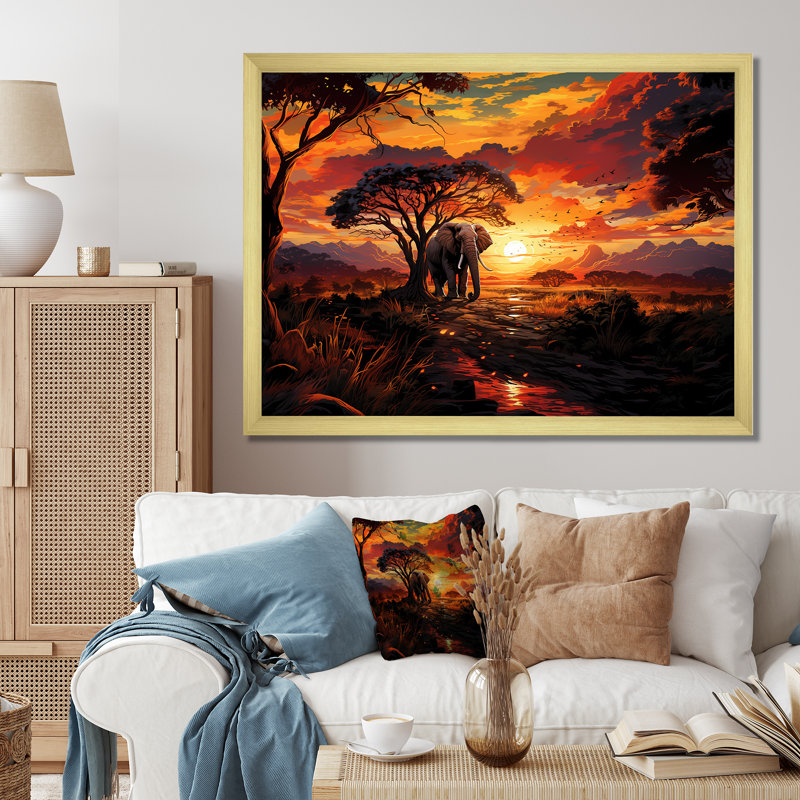 Coucher de soleil africain sur la jungle avec éléphant - paysages abstraits, art mural, Cadre doré à coins fermés