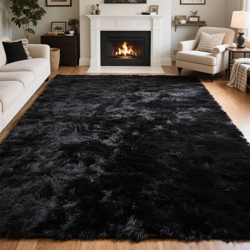 Tapis noir doux à poils longs, Rectangulaire 8 pi x 10 pi, Black