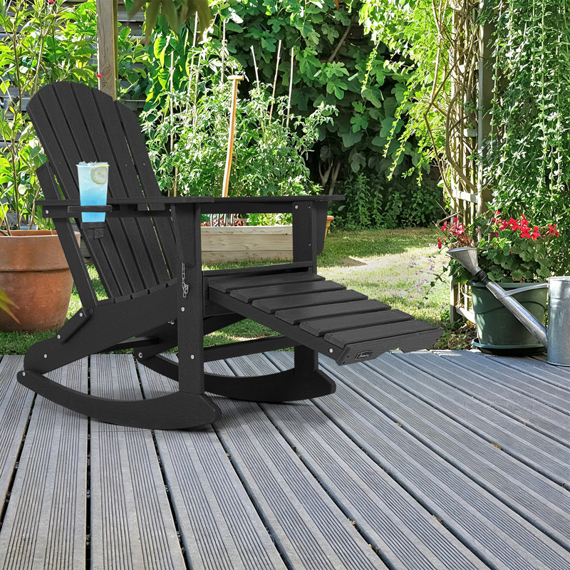 Plastic/Resin Folding and Rocking Adirondack Chair with Ottoman, Black
