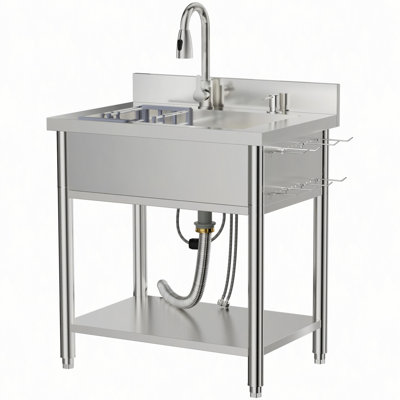 Stainless Steel Utility Sink, 29.5" Freestanding Single Bowl Laundry Sink with 360° Hot & Cold Water Faucet, Hoses & Drain Kit for Kitchens, Garage, Laundry Room