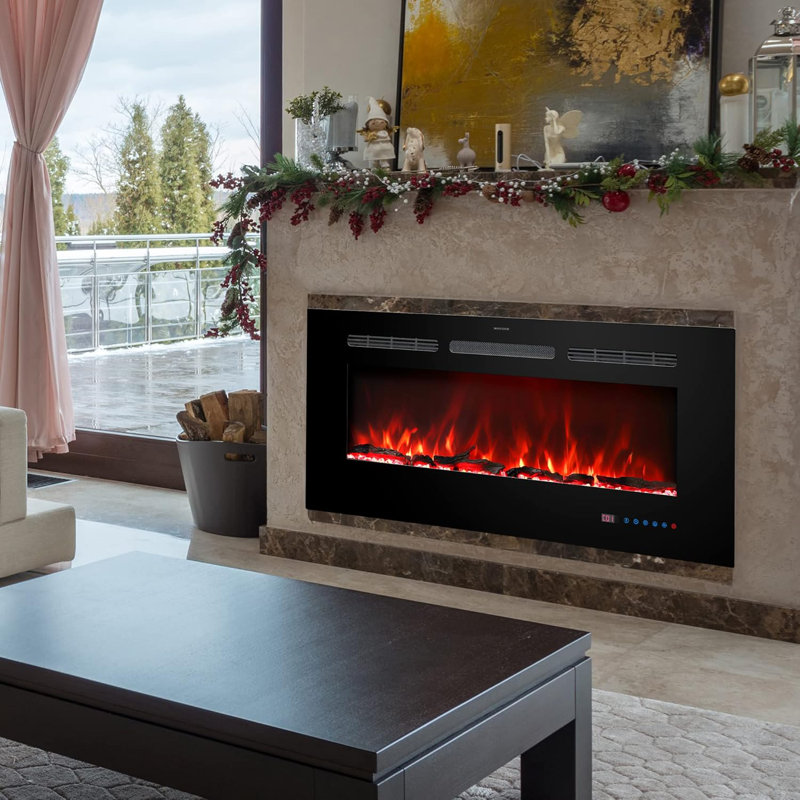 inserts, foyer encastré et mural, grand écran avec thermostat, télécommande et écran tactile, flamme multicolore, minuterie, bûches et cristal