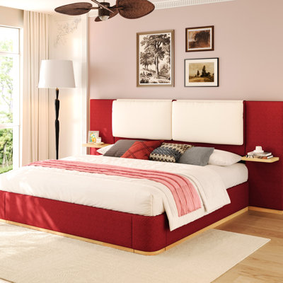 Structure de lit grand rouge, plateforme rembourrée, coussin moelleux, silencieux, lattes, tablettes latérales pratiques avec panneau, coins arrondis, assemblage facile, rangement