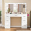 Dressing Table With Large Mirror And 12 Led Lights, Vanity Desk With 7 Drawers & Hairdryer Holder, Vanity Table Makeup Desk For Women, Girls, 3 Lighting Color Adjustable, White
