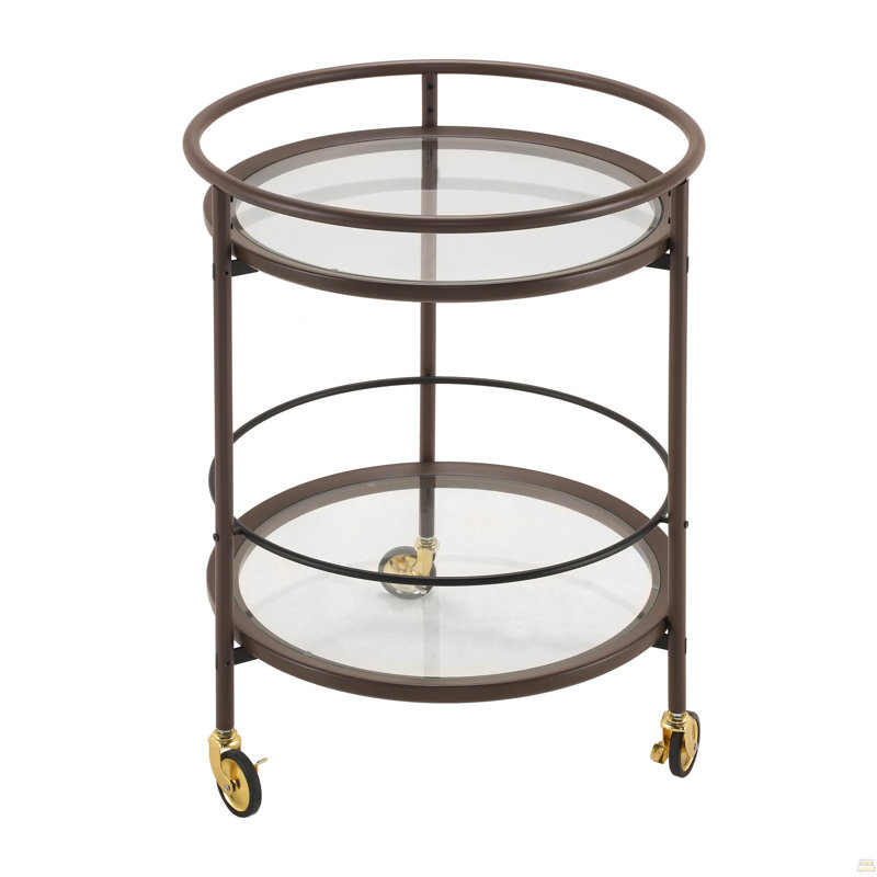 Chariot-bar rond brun moderne avec tablettes en verre trempé et roulettes verrouillables dorées