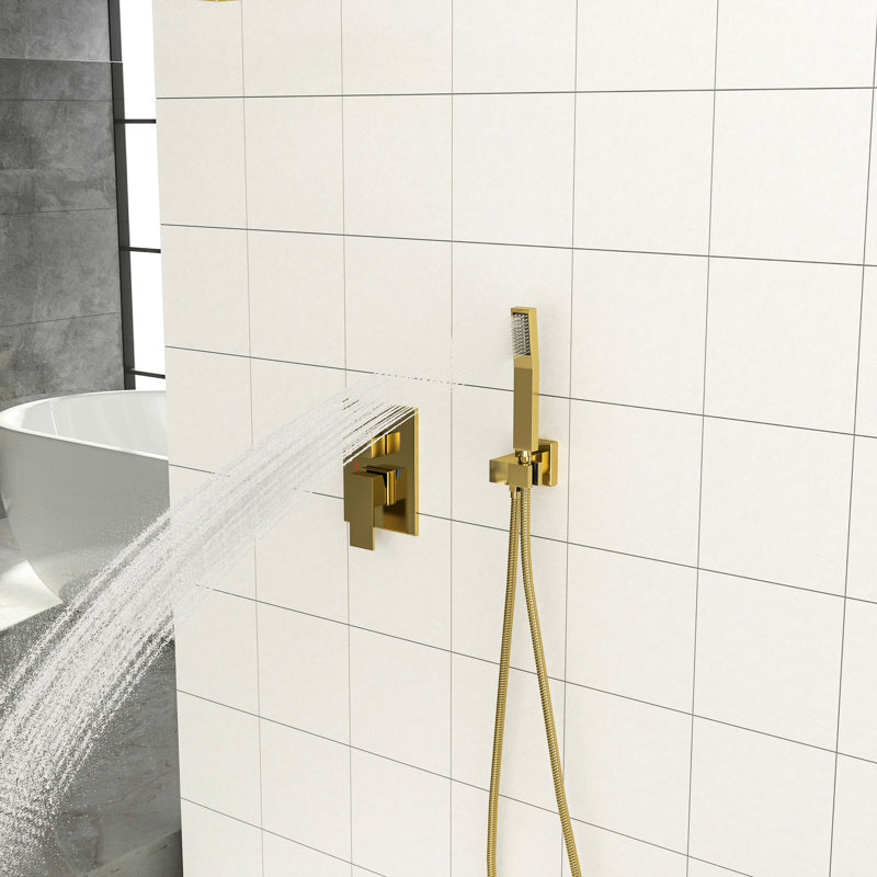 Système de douche carré de 16 pouces doré - double tête avec installation facile et fixation au plafond avec bras - valve équilibrée et pluie