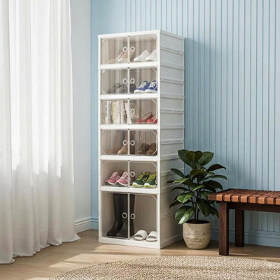 Boîtes de rangement pour chaussures empilables transparentes, étagère à chaussures pliable à plusieurs niveaux, grande étagère de placard pour l'entrée, chambre à coucher, porte, blanc