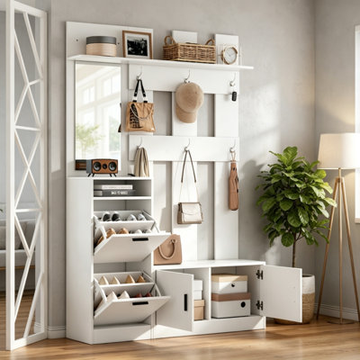 Modern Entrywa Hall Tree with Shoe Cabinet, Mirror, 6 Hooks and Bench