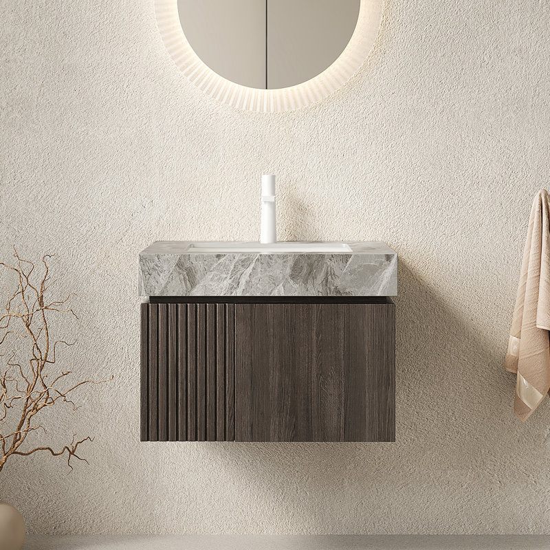 Meuble-lavabo moderne 24 po avec plateau en pierre frittée, lavabo en céramique, Espresso, Light Grey, Single-Hole