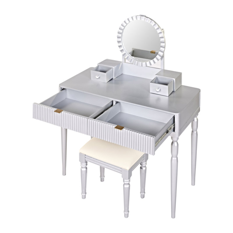 Luxury Vanity Desk With Round Mirror,Height-Adjustable, Stylish Dressing Table Set, 4 Drawers & Stool