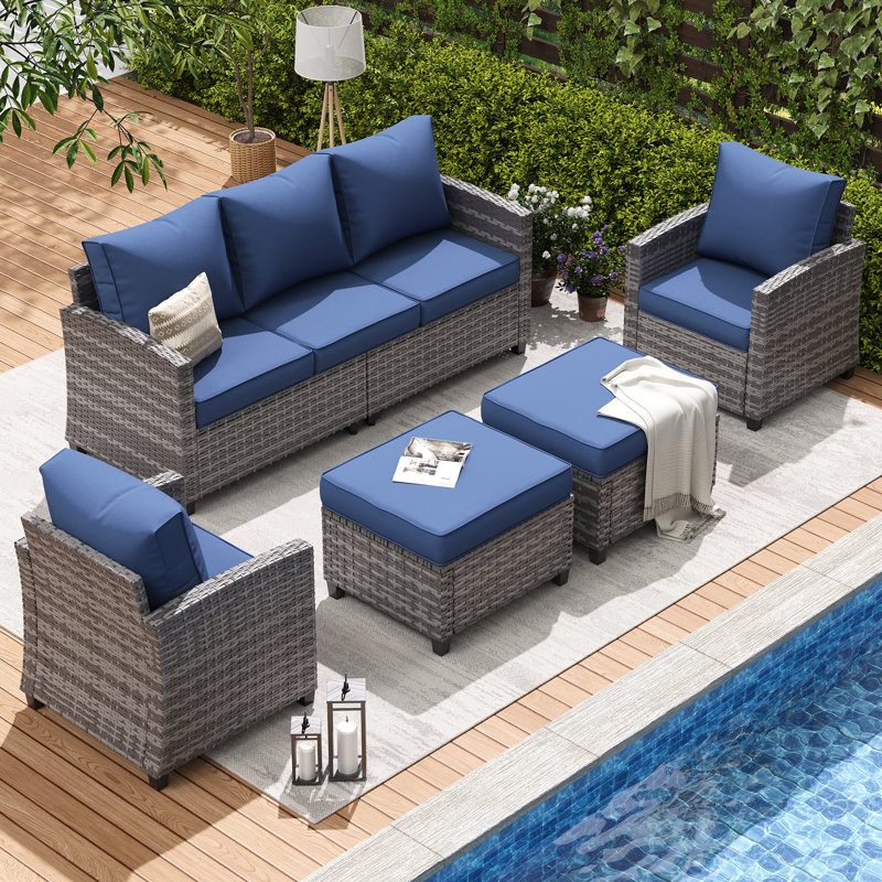 Mecayla 7-Person Wicker Patio Conversation Set with Cushions , Navy Cushion/Gray Frame