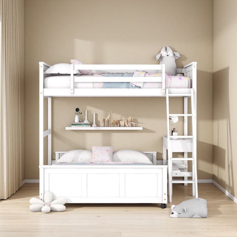 Lit superposé avec bureau, Simple sur simple, Blanc