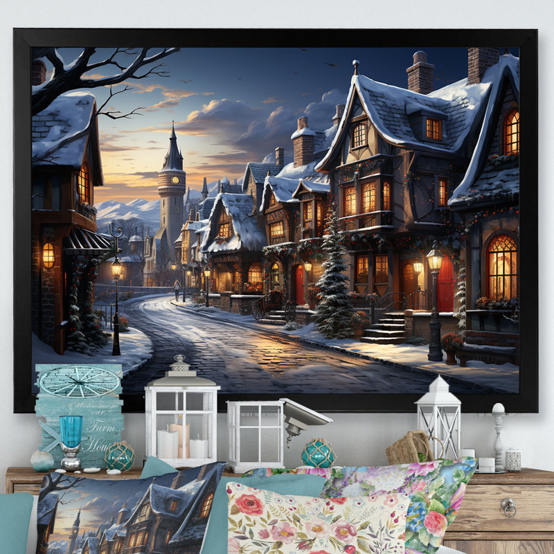 «European Winter City By Night - Winter Landscape», art mural, Cadre d'angle fermé noir, H 12 po x l 20 po x P 1 po