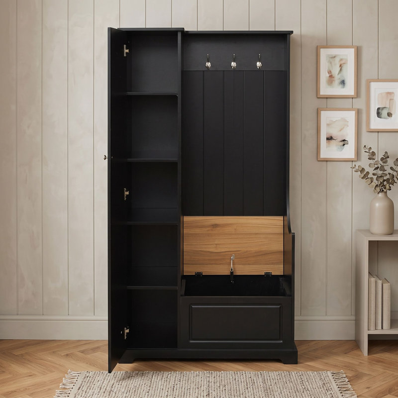 Arbre d'entrée minimaliste avec 3 crochets de suspension, banc de rangement rabattable, tablettes réglables et armoire à chaussures haute