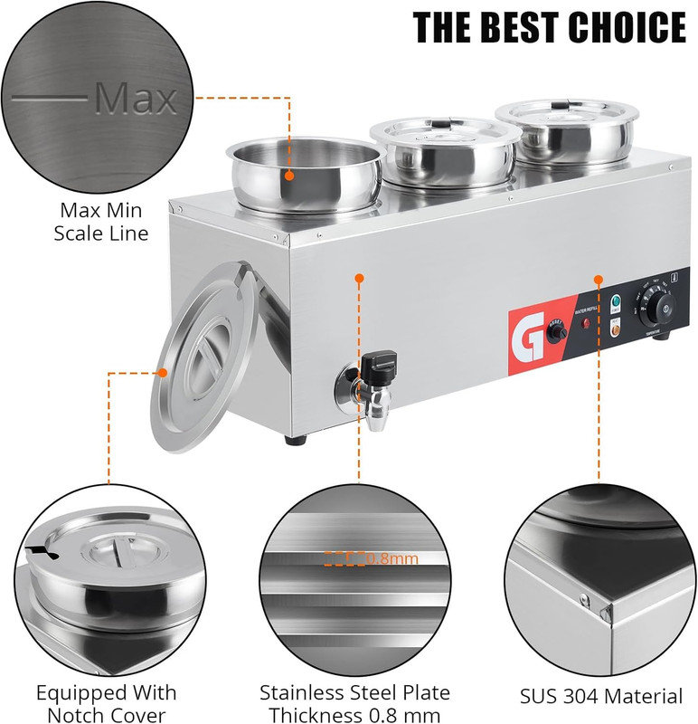 Chauffe-soupe électrique 3 x 7,4 pte, 1200 W, réchaud en acier inoxydable 86-185 ° F anti-sec pour restaurant